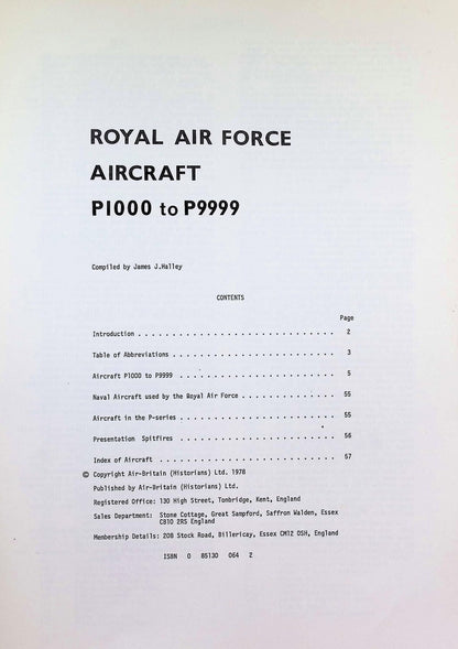 Royal Air Force Aircraft P1000 to P9999 by James J Halley: NEW 1978 First Ed Softcover PB