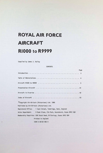 Royal Air Force Aircraft R1000 to R9999 by James J Halley: NEW 1980 First Ed Softcover PB