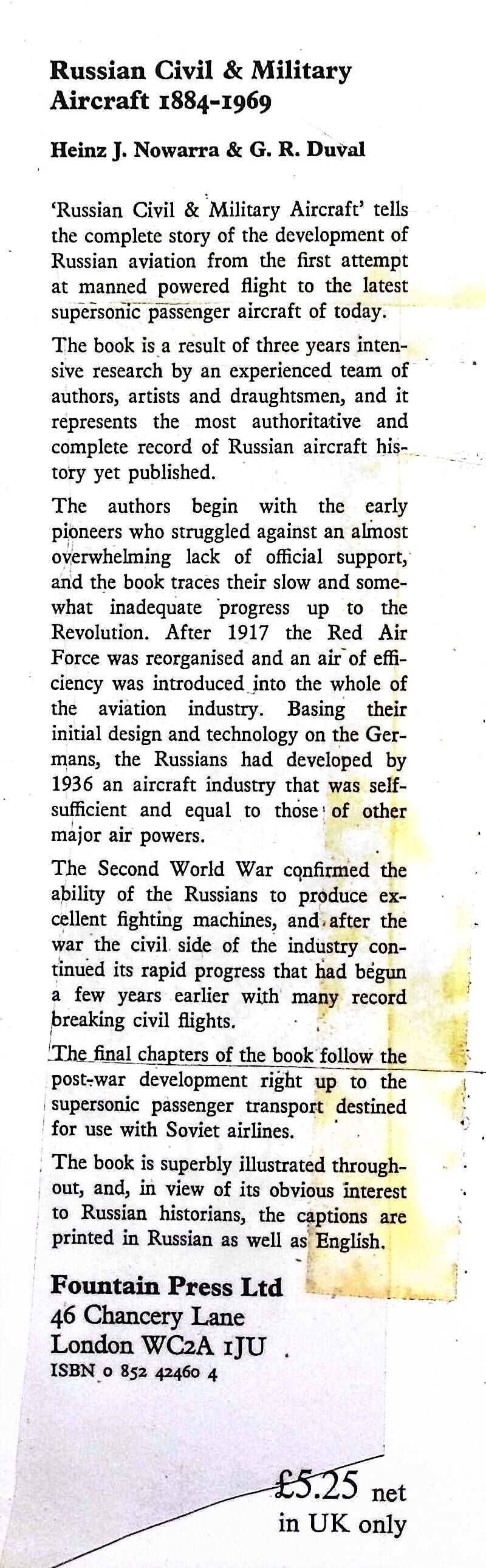 Russian Civil and Military Aircraft 1884-1969 by Nowarra & Duval: NEW 1971 First Ed HB