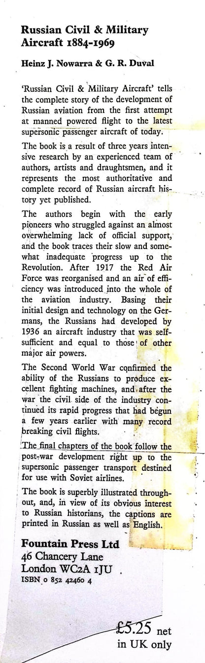 Russian Civil and Military Aircraft 1884-1969 by Nowarra & Duval: NEW 1971 First Ed HB
