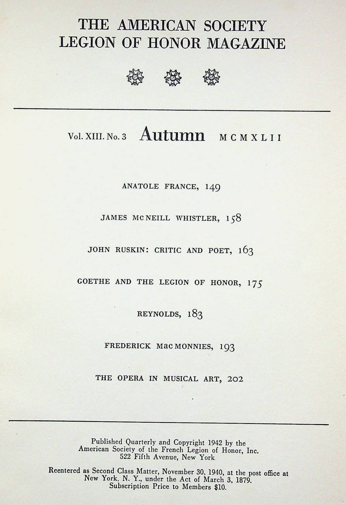 The American Society Legion of Honor Magazine, Autumn 1942: French Legion Magazine