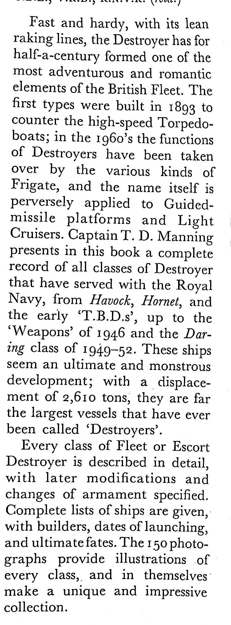 The British Destroyer by TD Manning: 1961 Putnam First Edition Hardback