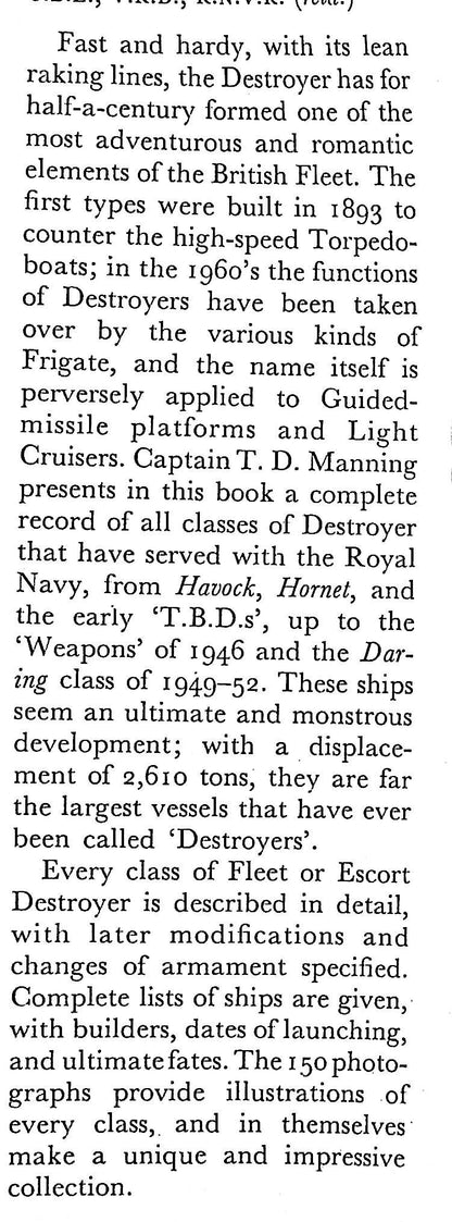 The British Destroyer by TD Manning: 1961 Putnam First Edition Hardback