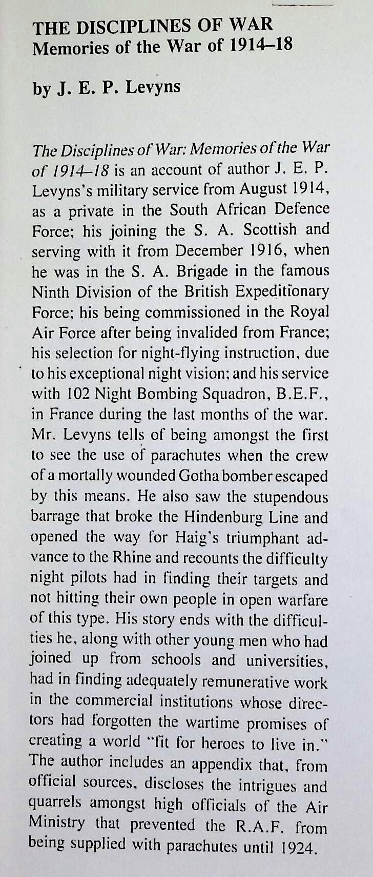 The Disciplines of War; Memories of The Great War of 1914-18 by Levyns: NEW 1984 First Ed