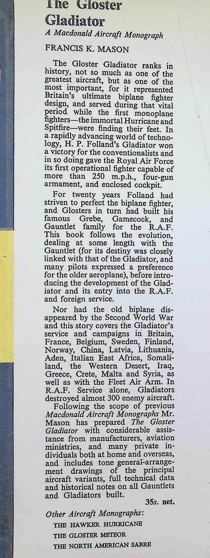The Gloster Gladiator: Francis Mason 1964 1st edition hardback