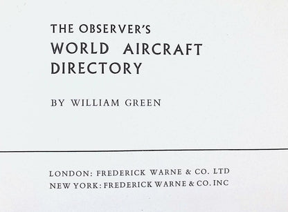 The Observer's World Aircraft Directory by William Green: 1961 First Edition Hardback