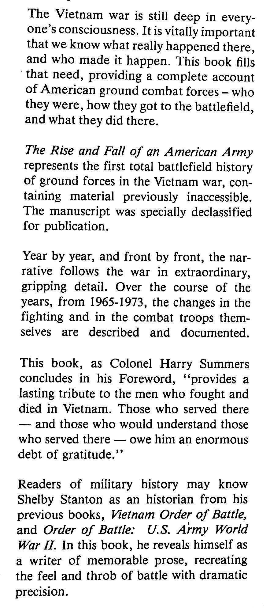 The Rise and Fall of an American Army, Greound Forces in Vietnam by SL Stanton: NEW '89 HB