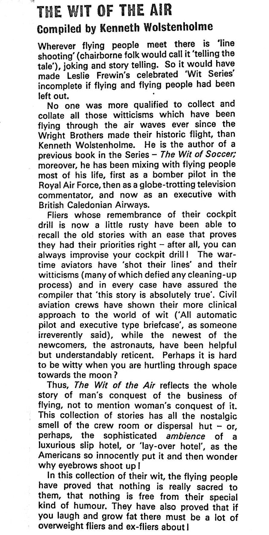 The Wit of The Air: Kenneth Wolstenholme 1972 1st edition hardback