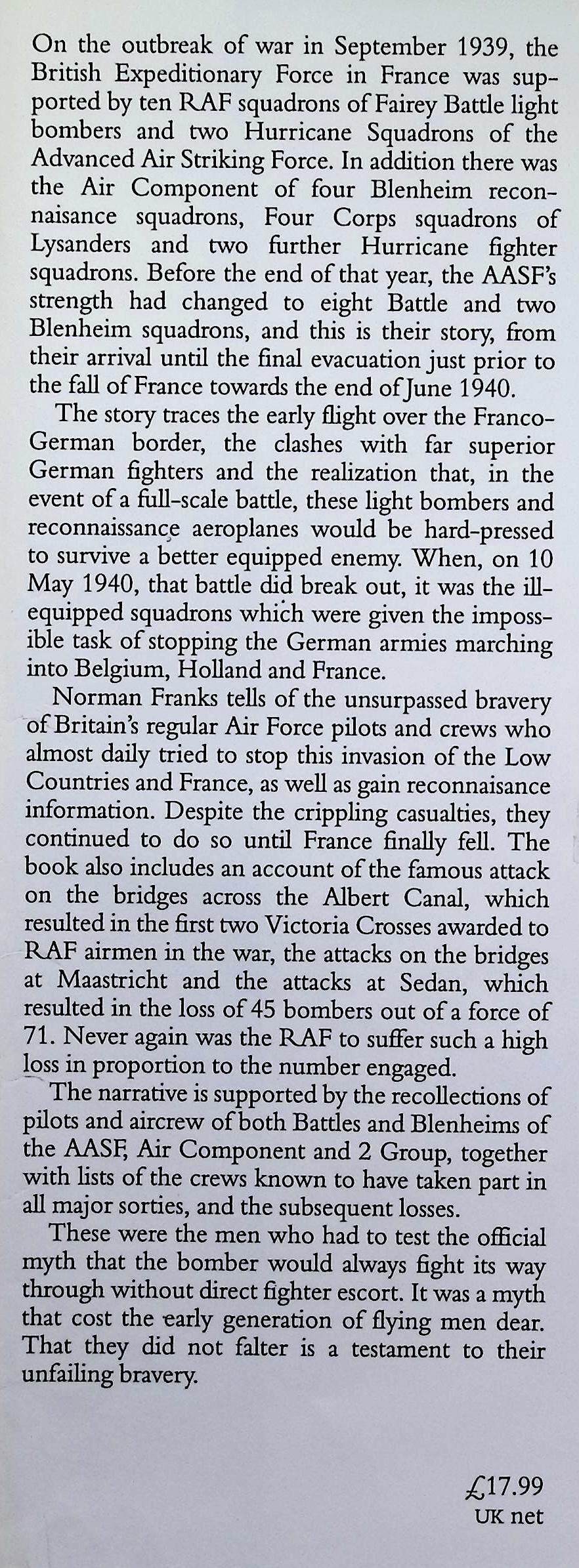 Valiant Wings; Battle & Blenheim Squadrons over France by Norman Franks: 1994 Hardback