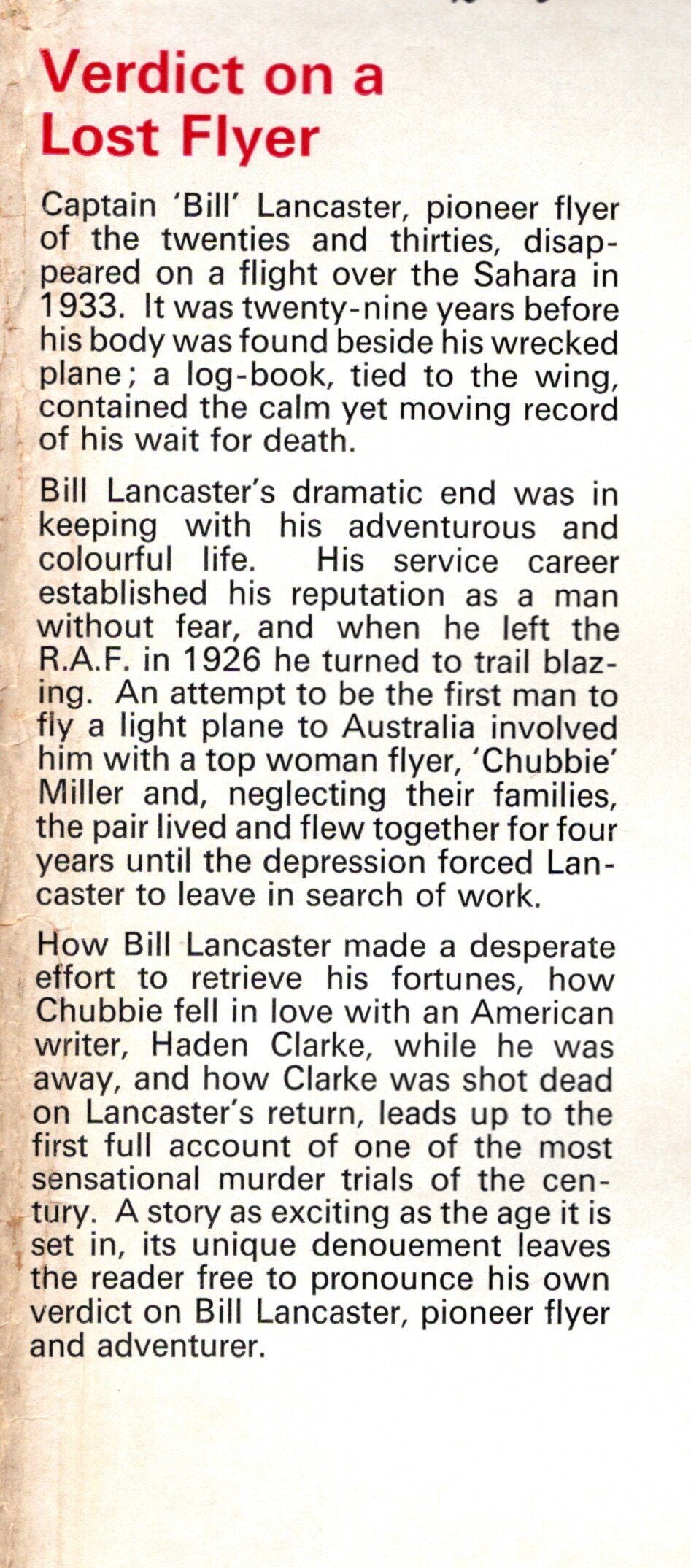 Verdict on a Lost Flyer by R.Barker: '69 1st Ed.HB; Thrilling Tale of Flying Love & Murder